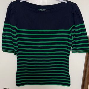 Lauren Ralph Lauren Womens Sz L Blue Green Striped Short Sleeve Preppy Knit Top